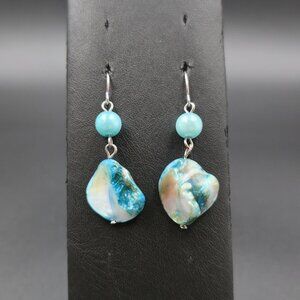 Silver Plated Dyed Blue Pearl And Shell Dangle Earrings A6815